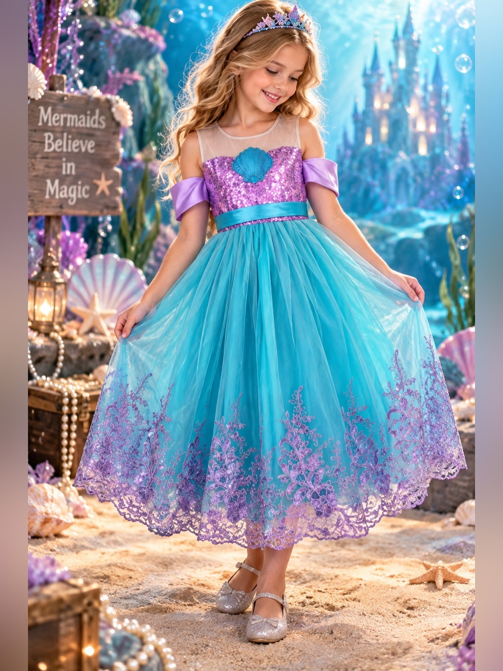Girls Mermaid Princess Dress Size 140 9-10 Sequin Tulle Costume Gown